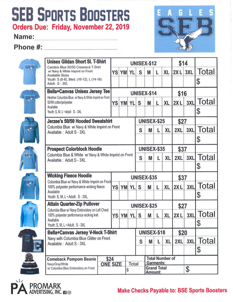 SEB Sports Boosters Fundraiser Apparel