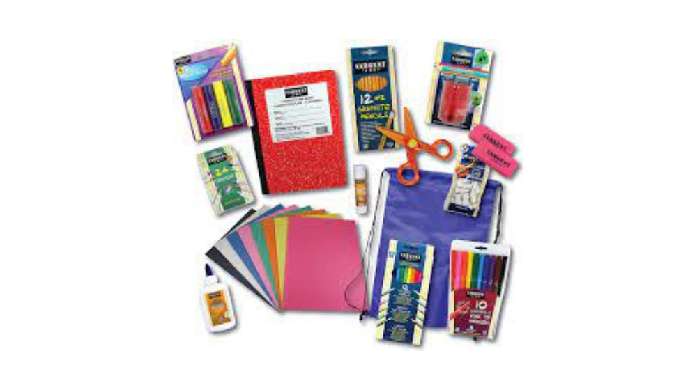 Assorted school supplies against a white background: erasers, a notebook, pencils, a pair of scissors, two erasers, two gluesticks, markers, color pencils, color paper, a bottle of glue, and a pencil bag